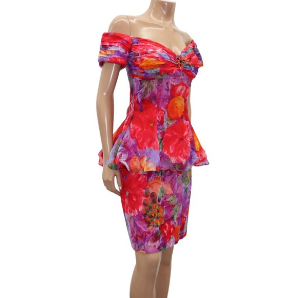 VINTAGE Vibrant Off-Shoulder Floral Peplum Cocktail Dress Sweetheart Neckline S - Picture 7 of 8